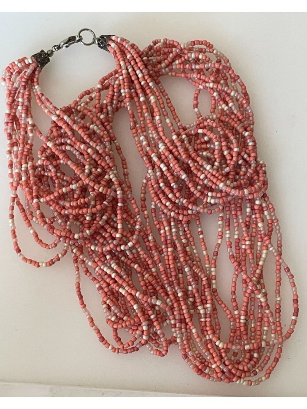 Vintage Coral Pink Multi Strand Seed Bead Extra Long 36" Opera Statement Necklac